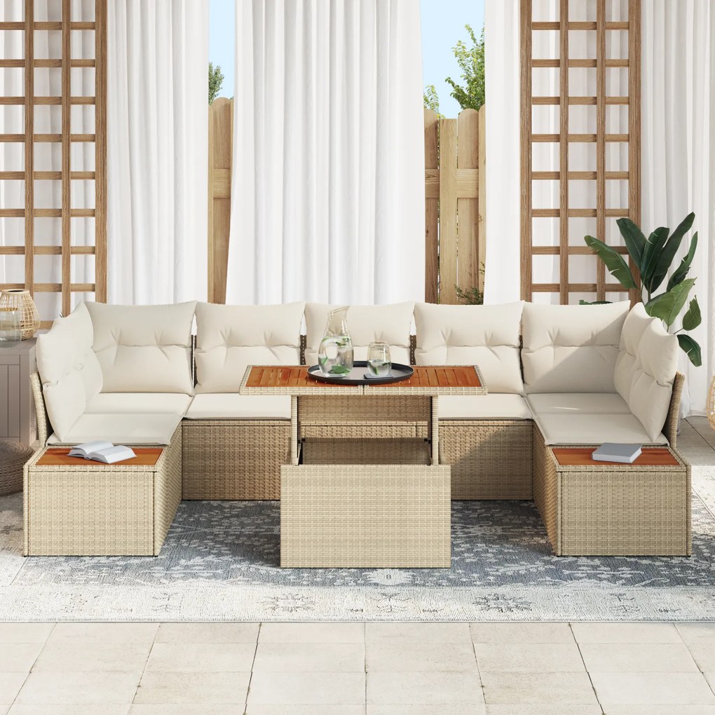 Conjunto de Sofá para Jardim com 8 Peças e Almofadas Bege de Rattan Po