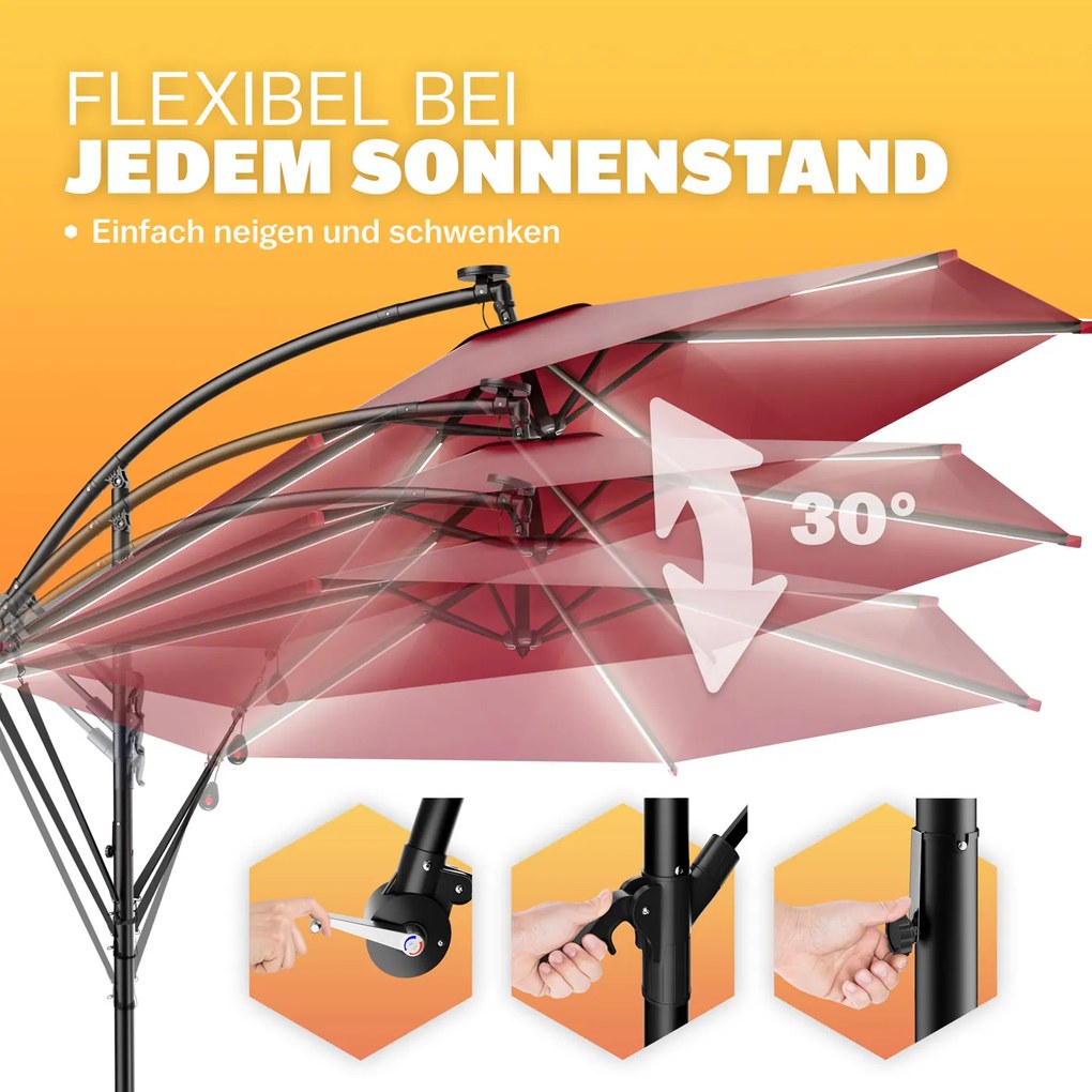 Chapéu de sol solar com LED Mali Ø330cm Proteção UV 30+ vermelho