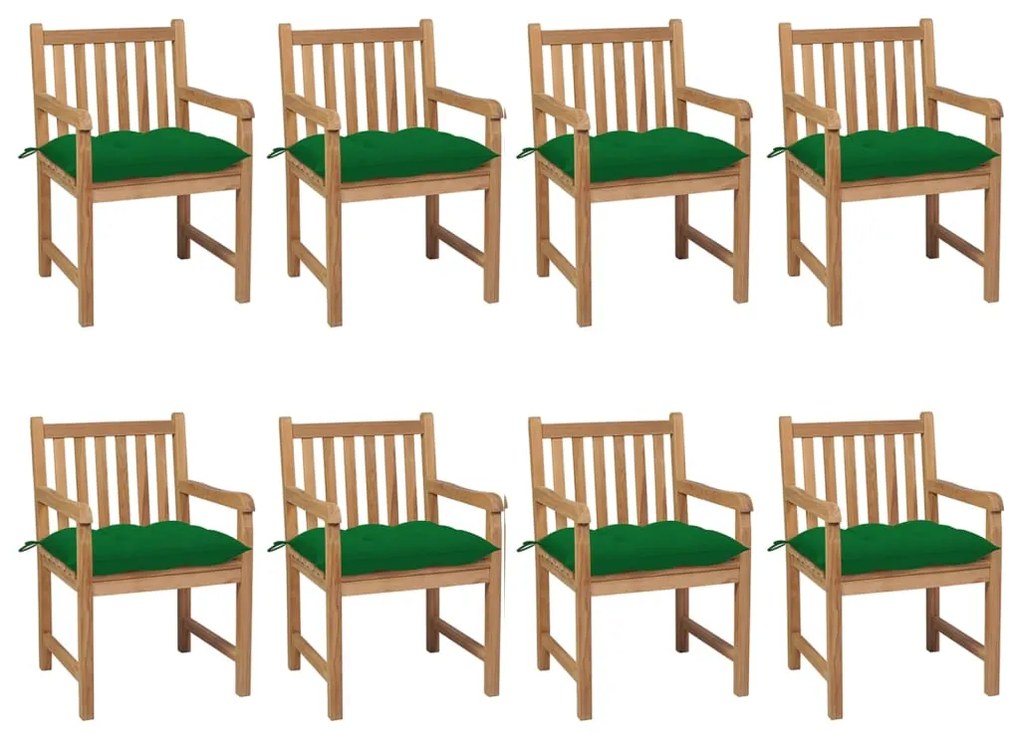 vidaXL Cadeiras de jardim c/ almofadões verdes 8 pcs teca maciça