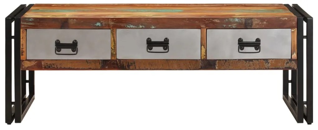Mesa de centro 3 gavetas madeira recuperada maciça 100x50x35 cm