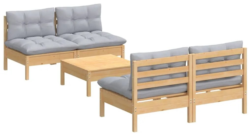 5 pcs conjunto lounge de jardim c/ almofadões cinzentos pinho