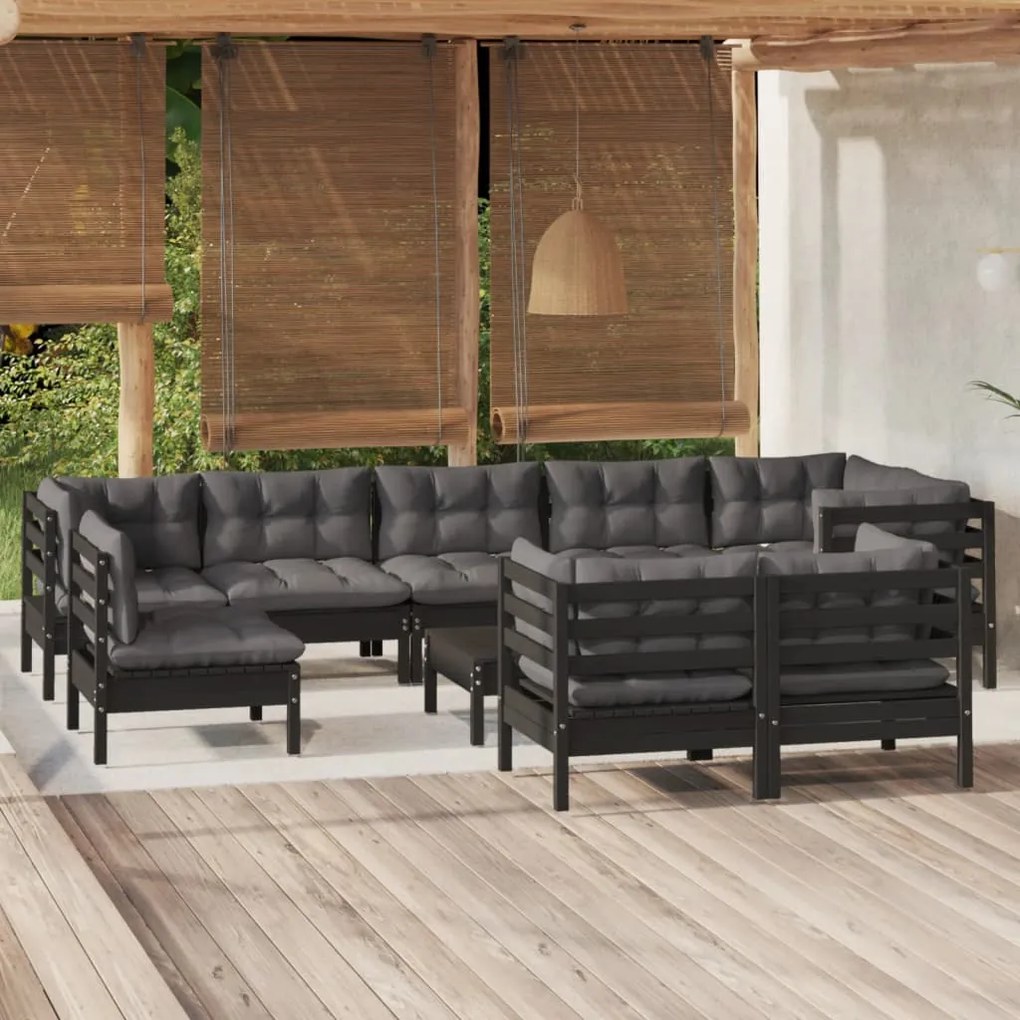 vidaXL 10 pcs conjunto lounge jardim c/ almofadões pinho maciço preto