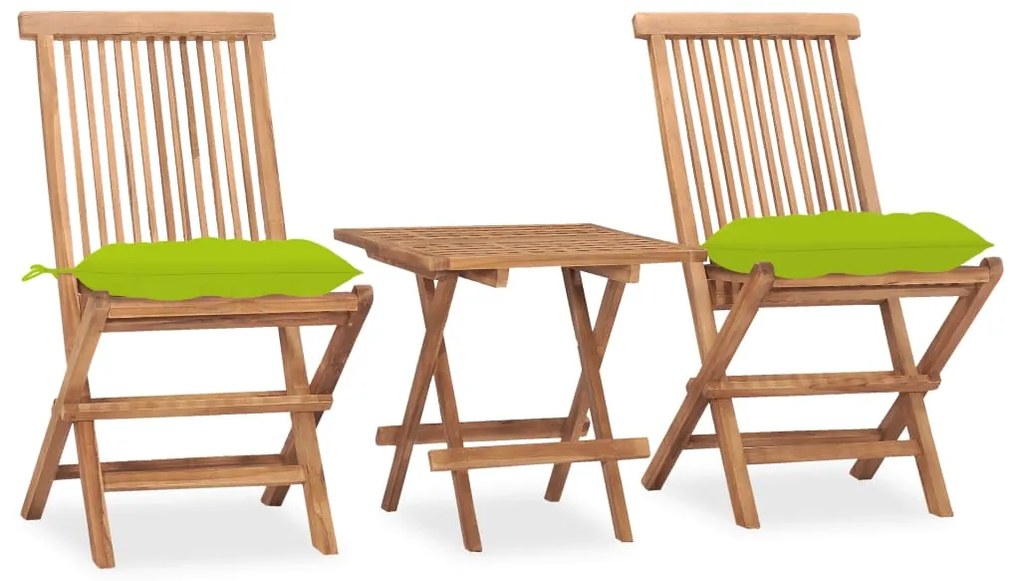 vidaXL 3 pcs conj. jantar dobrável exterior c/ almofadão teca maciça