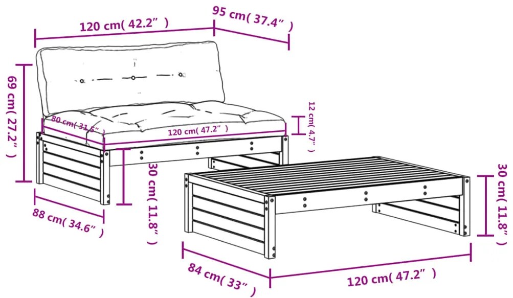 2 pcs conjunto lounge jardim c/ almofadões madeira maciça cinza