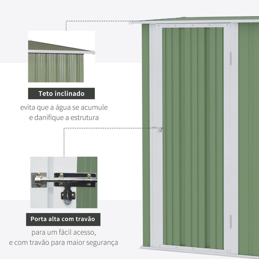 Abrigo de Jardim 1,07㎡ 142x84x189 cm Abrigo de Armazenamento Abrigo de Ferramentas com Teto Inclinado e Porta Verde Claro