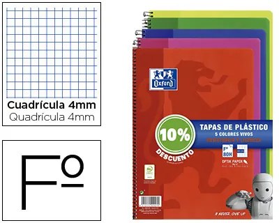 Caderno Espiral Oxford Capa Plástico Folio 80 Folhas Quadricula 4 mm Pack 4+1 Unidades Cores Vivas