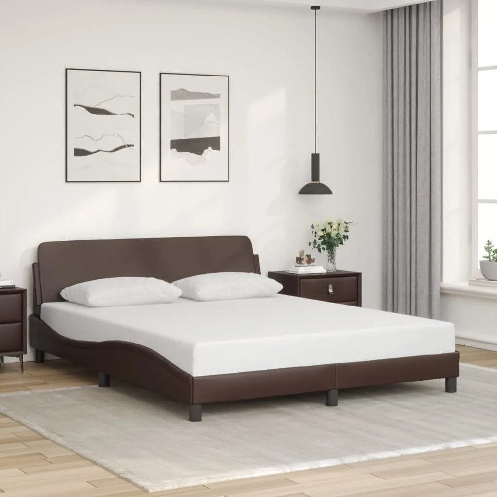 Estrutura cama c/ cabeceira 160x200cm couro artificial castanho