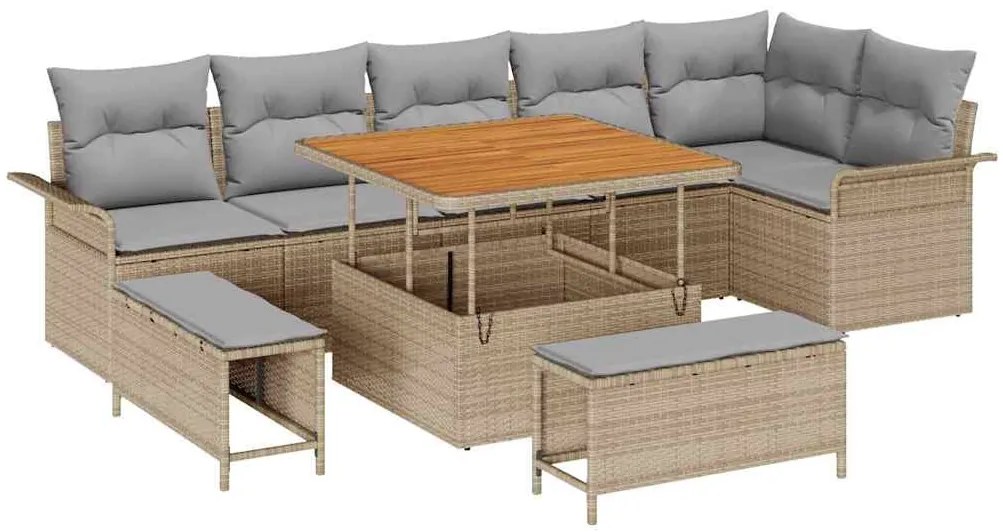 Conjunto de Sofá de Jardim vidaXL 9 Peças com Almofadas Bege Vime Acác