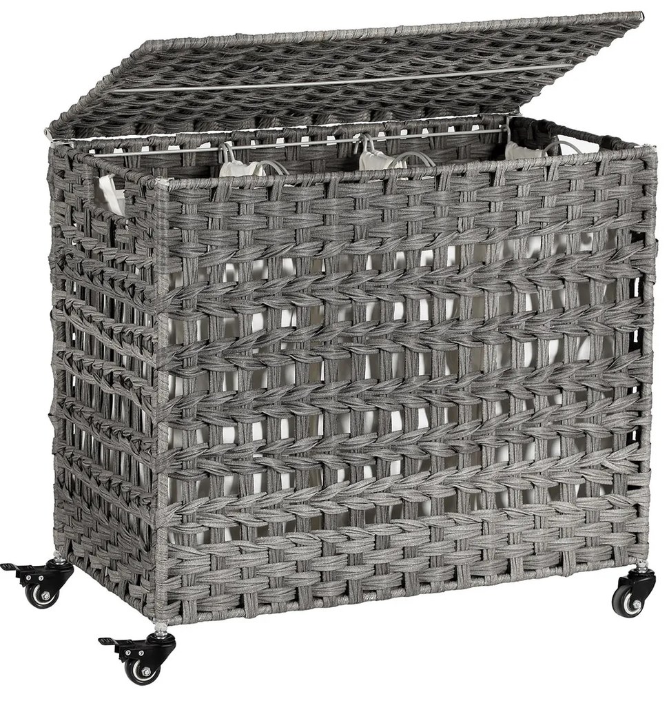 Cesto de roupa suja feito à mão SONGMICS com tampa, cesto de roupa suja estilo rattan com 3 compartimentos separados, alças, forros removíveis, para sala de estar, banheiro, lavanderia, cinza LCB083G02
