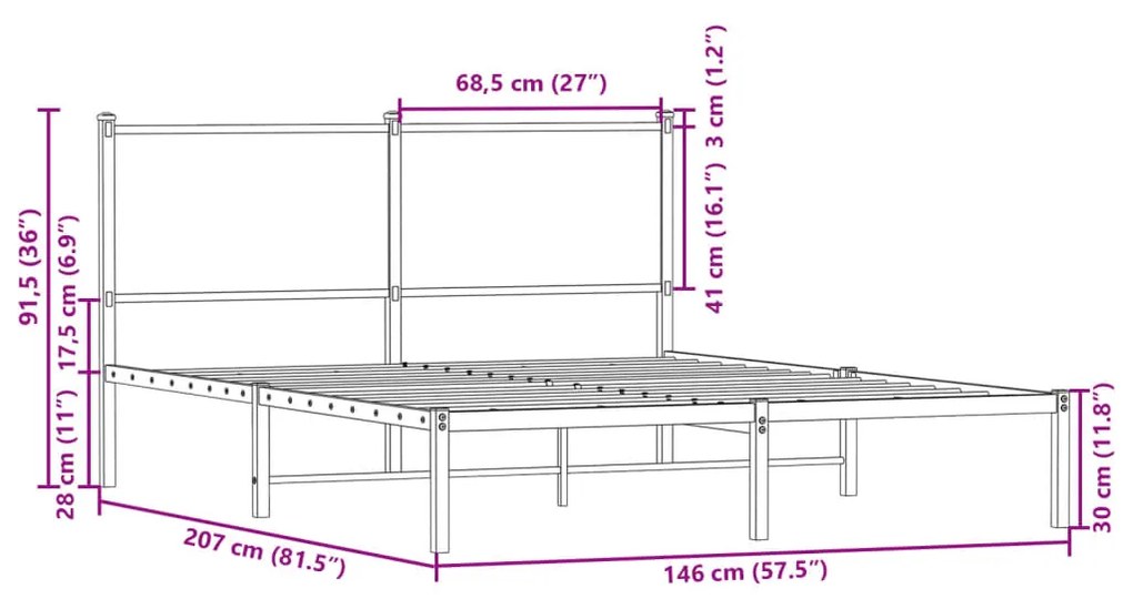 Estrutura de cama com cabeceira 140x200cm metal carvalho fumado