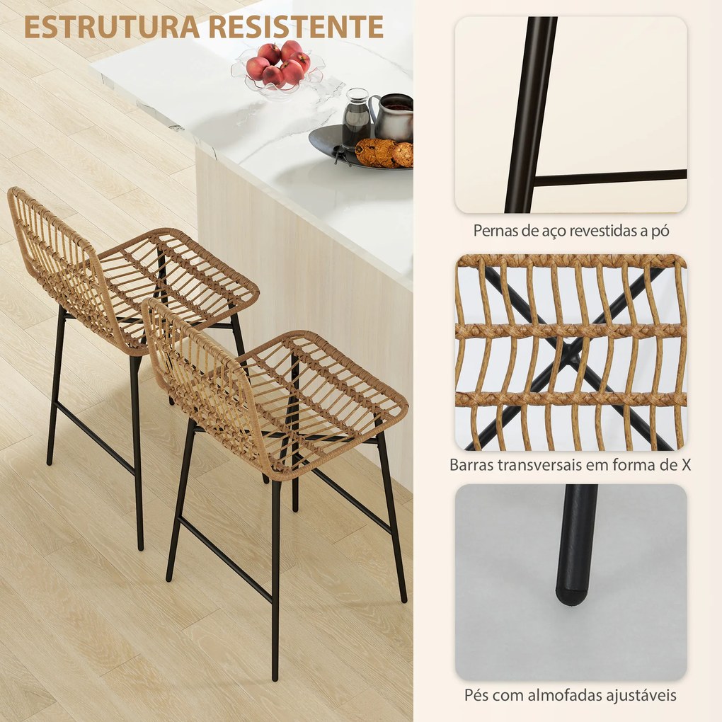 Conjunto de 2 Bancos Altos de Cozinha Bancos de Bar com Encosto e Assento em Vime Sintético 43x56x101 cm Castanho claro e preto