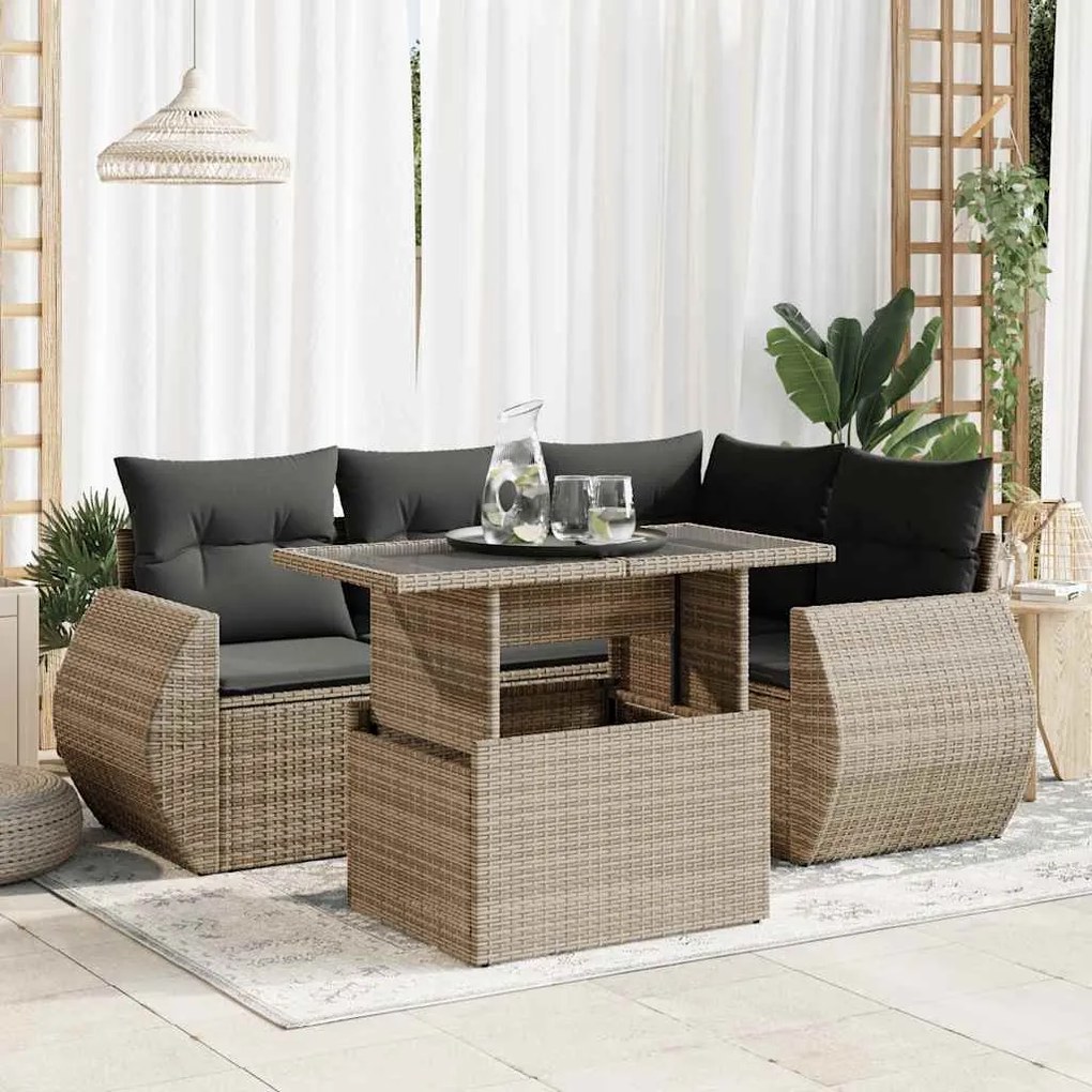 vidaXL 5 pcs conjunto sofás de jardim c/ almofadões vime PE cinzento