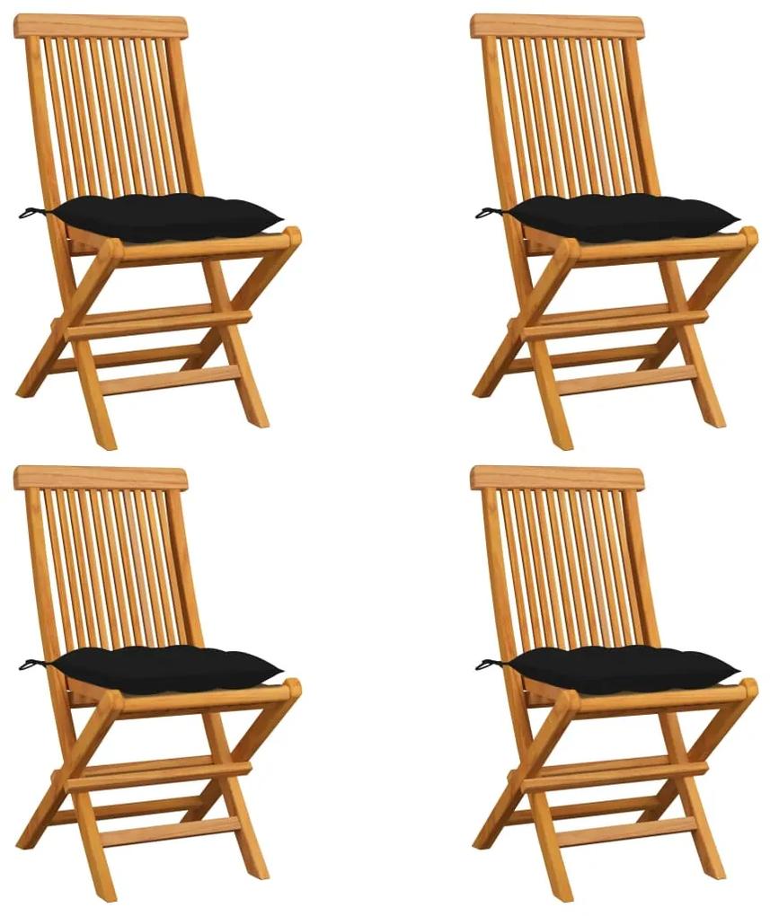 3062590 vidaXL Cadeiras de jardim c/ almofadões pretos 4 pcs teca maciça