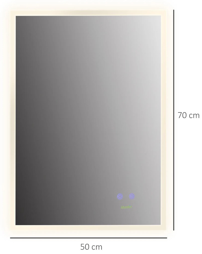 Espelho Casa de Banho com Luz LED Espelho de Parede com Iluminação 70x50cm Interruptor Tátil 3 Luzes Ajustáveis Função Anti-Embaciamento e Estrutura d