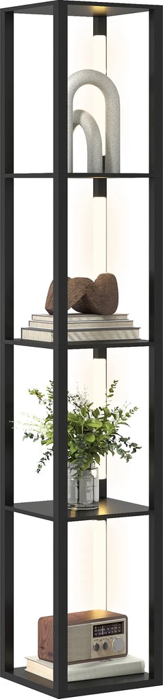 Candeeiro de pé com prateleiras de 4 níveis, LED regulável 29 x 29 x 163 cm,  interruptor de pé para sala, quarto ou escritório, preto