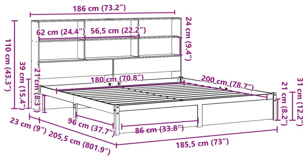 Cama com estante sem colchão 180x200 cm pinho maciço