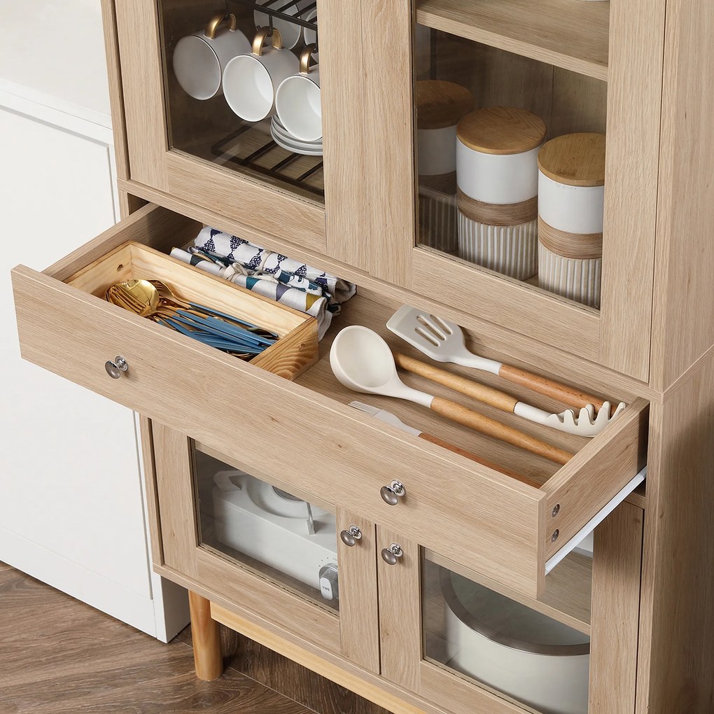 HOMCOM Armário de Cozinha Móvel Auxiliar de Cozinha com 1 Gaveta 4 Portas de Vidro Prateleiras Ajustáveis e Pés Elevados para Sala de Jantar Sala de Estar Anti-Tombamento 76x40x183cm Carvalho