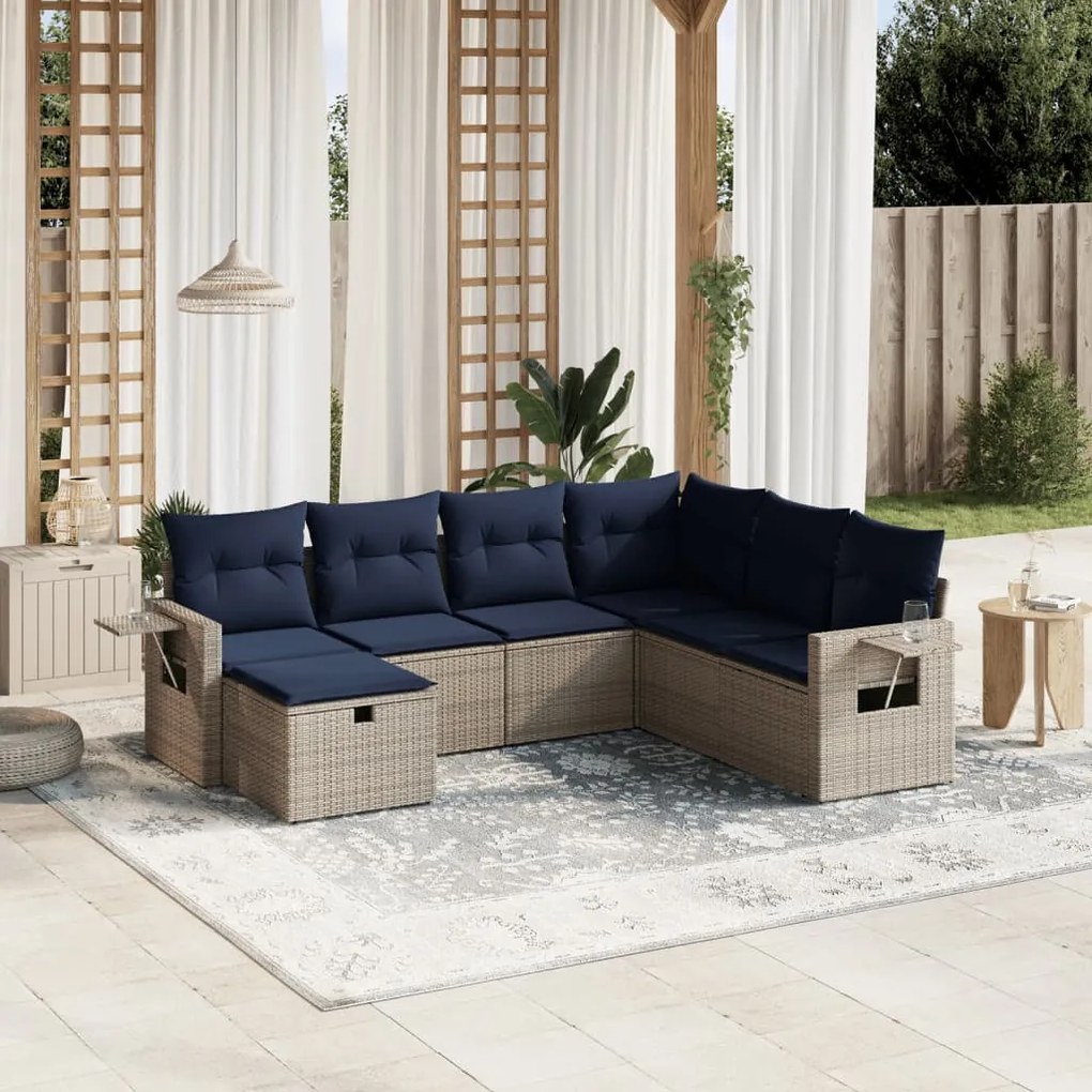 vidaXL 7 pcs conjunto sofás p/ jardim c/ almofadões vime PE cinzento