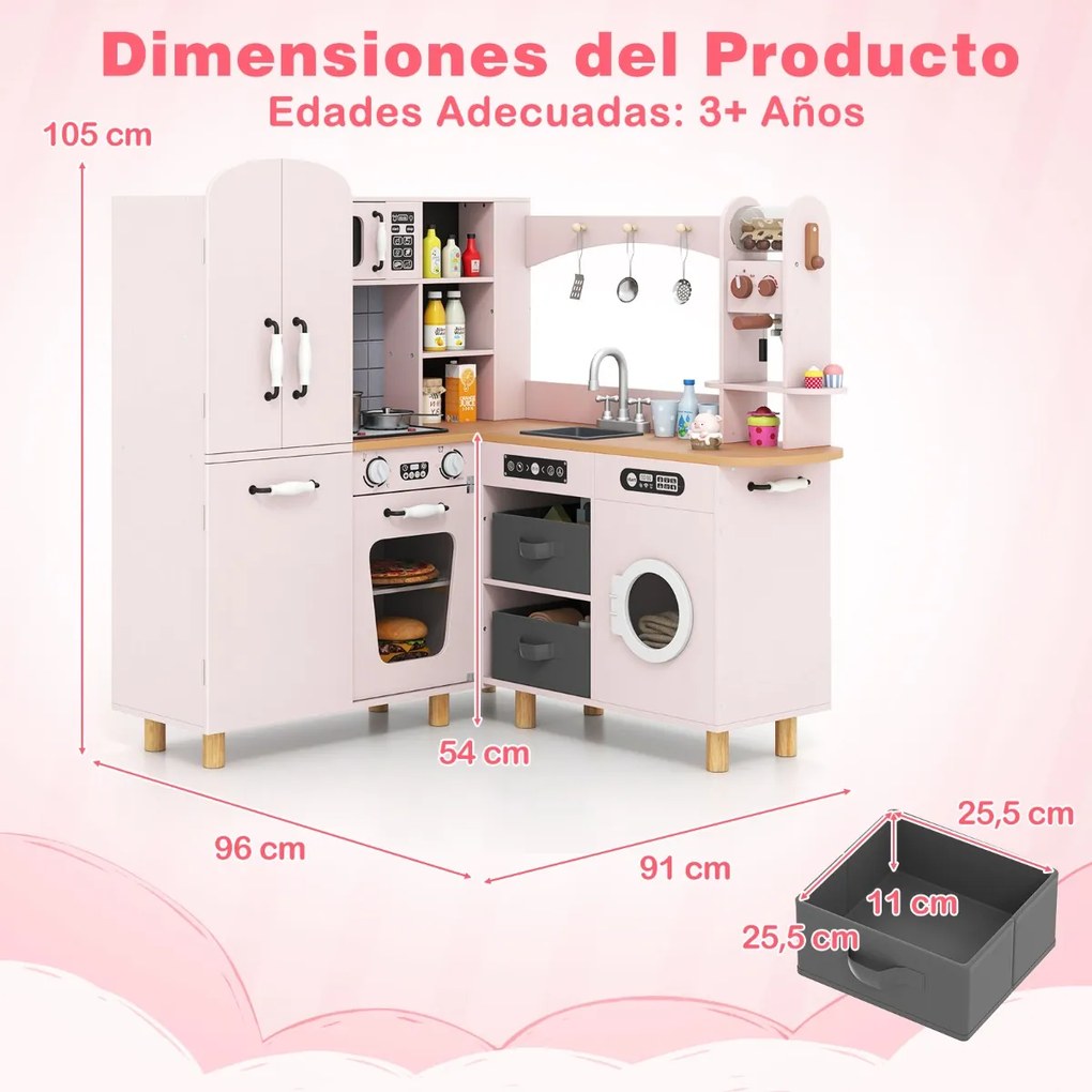 Cozinha de brincar de canto em madeira 96 × 91 × 105 cm com frigorífico de porta dupla, cafeteira, máquina de lavar roupa, 12 acessórios, luzes e sons