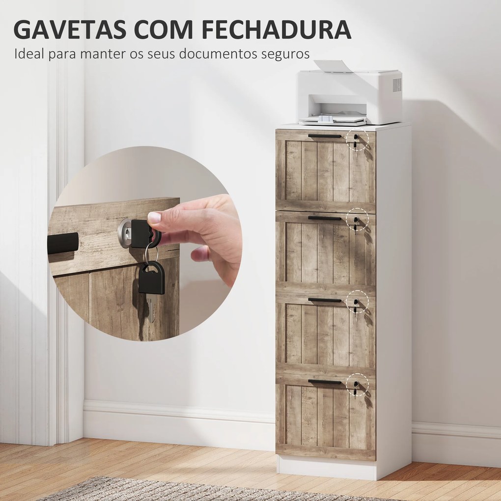 Bloco de Gavetas de Escritório com 4 Gavetas Fecho e 2 Chaves e Barras para Pendurar A4 Carta 39,4x40x129 cm Branco e Madeira