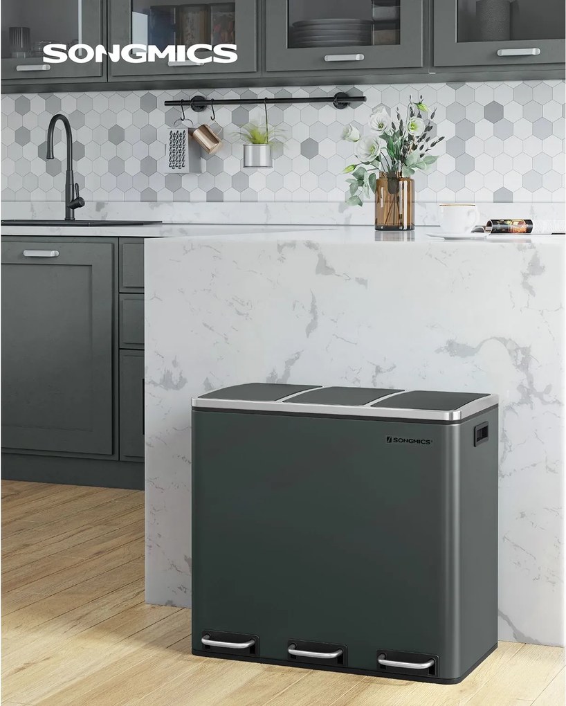 Caixote do lixo para a cozinha com 3 compartimentos 3 x 18 L 61,5 x 31,5 x 56 cm verde acinzentado