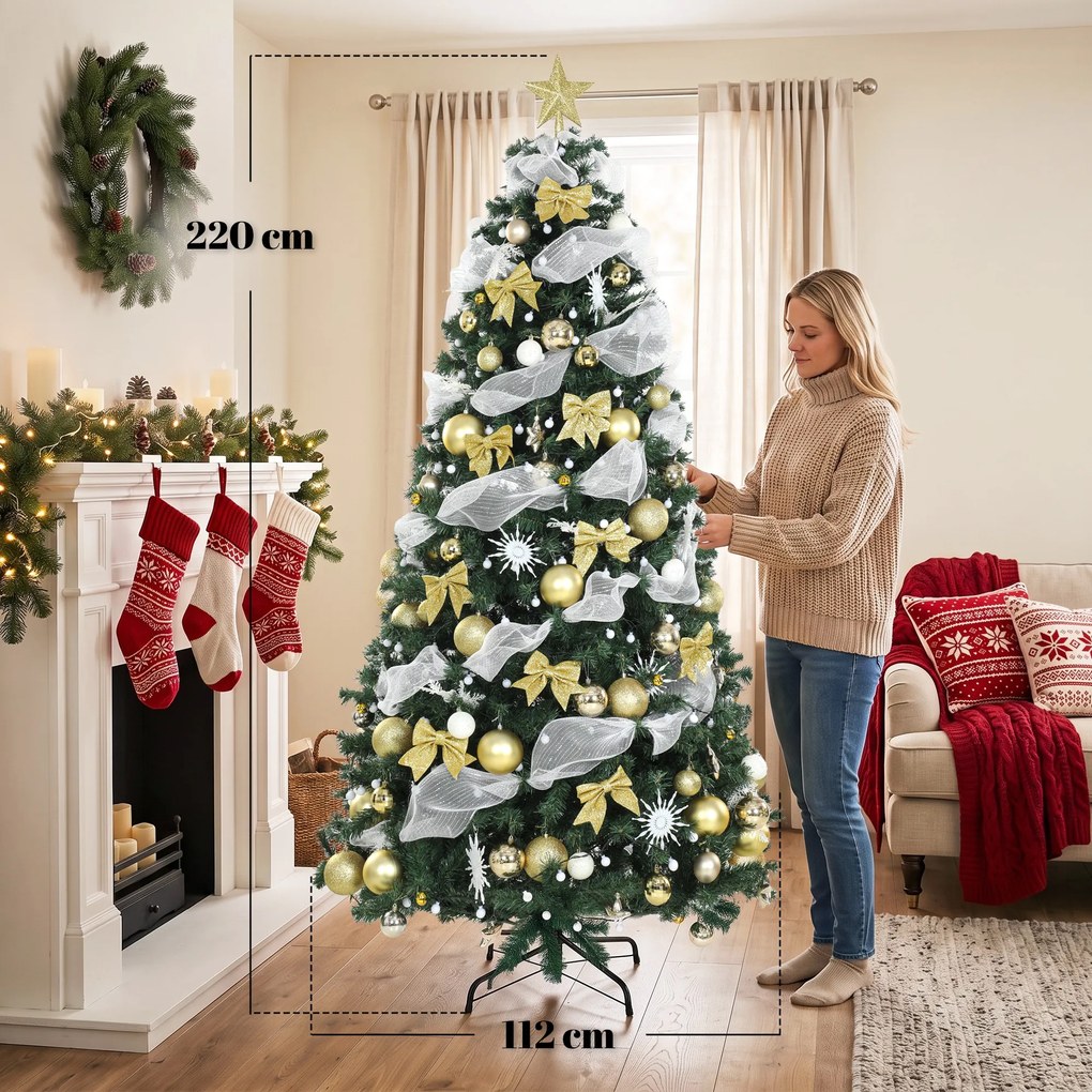 Árvore de Natal Artificial Pré-iluminada 230 cm com 250 Luzes LED 8 Modos 1136 Pontas Comando à Distância Verde