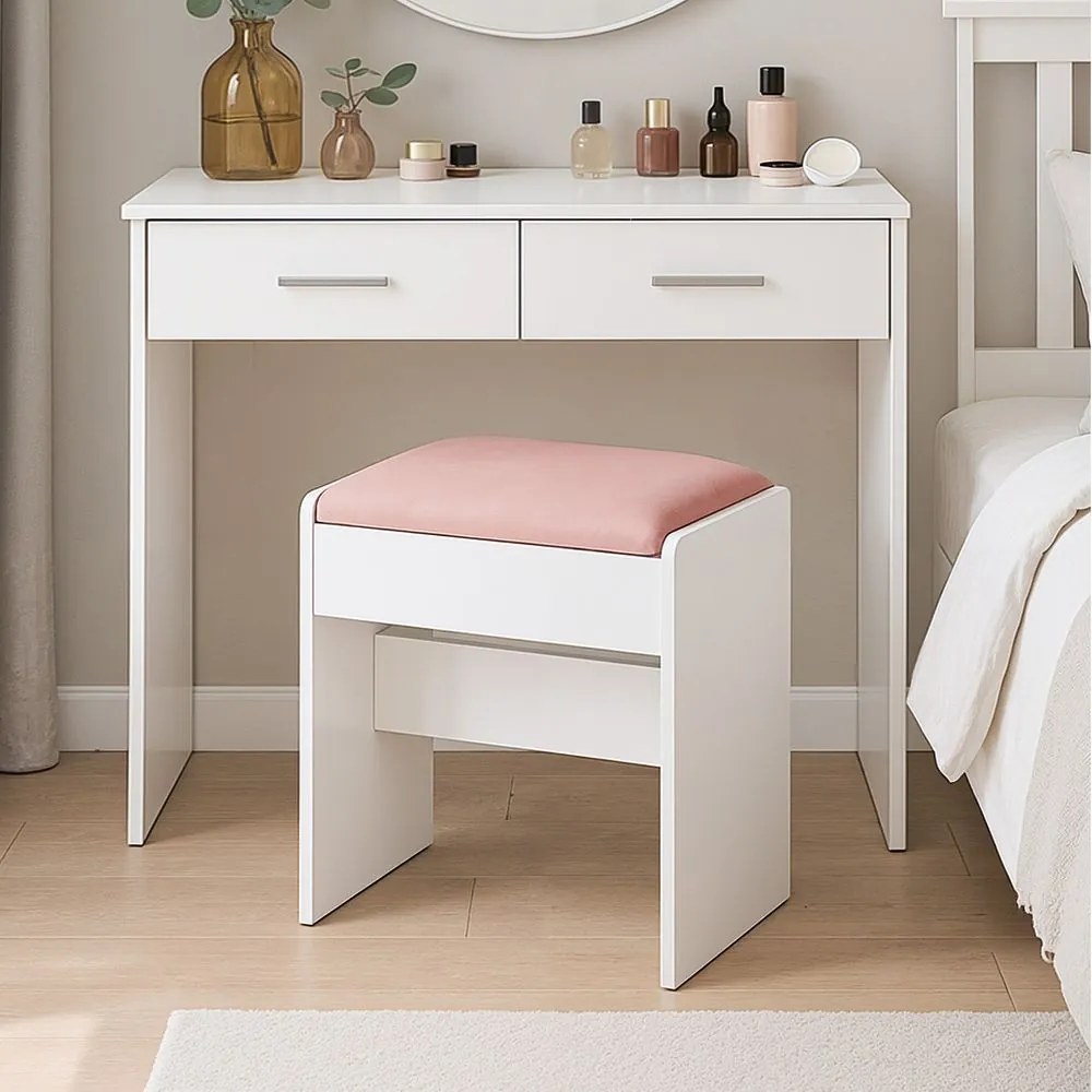 Banco para toucador estofado para maquilhagem em veludo 28,6 x 45 x 49,5 cm, com pés antiderrapantes branco-rosa