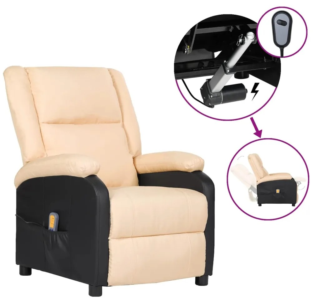 vidaXL Poltrona massagens elétrica couro artificial/tecido cor creme