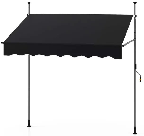 Toldo retrátil manual 2 m x 3 m Toldo exterior com altura ajustável Manivela e sem perfuração para janela Porta Terraço Preto