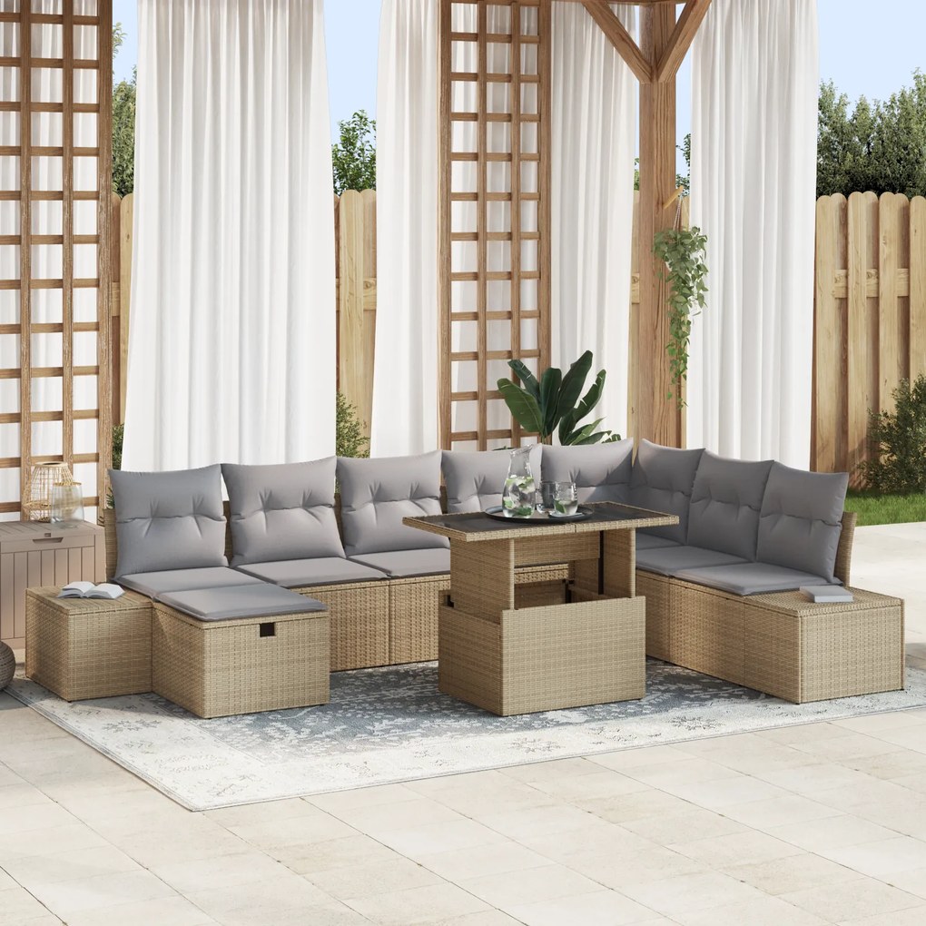 Conjunto de Sofá de Jardim 9 Peças com Almofadas Bege Vime PE