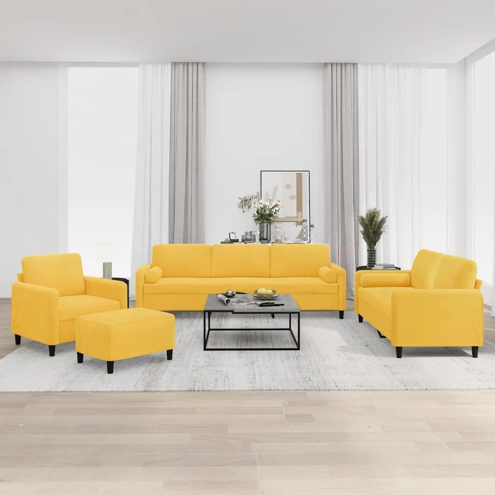 vidaXL 4 pcs conjunto sofás c/ almofadas/almofadões veludo amarelo
