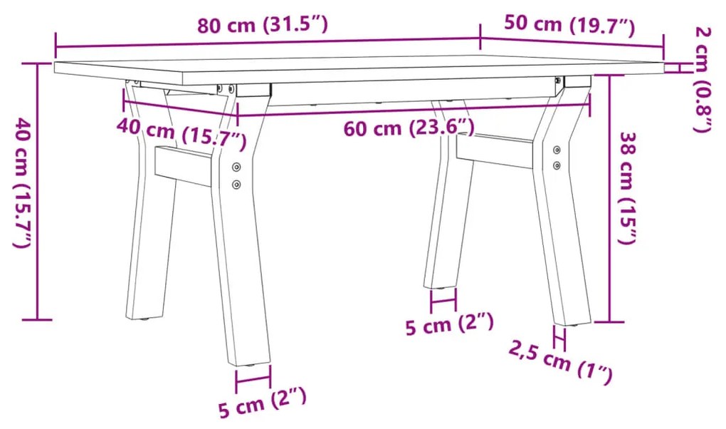 Mesa de centro estrutura em Y 80x50x40 cm pinho e ferro fundido