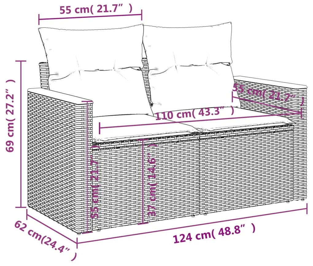 5 pcs conjunto sofás de jardim c/ almofadões vime PE cinzento