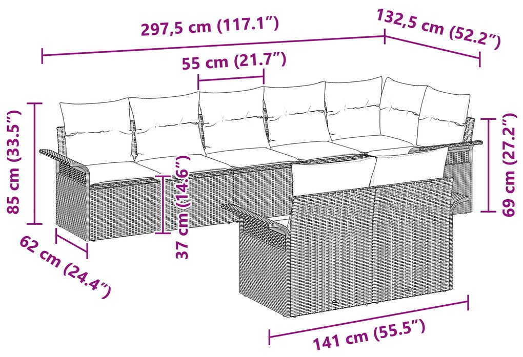 Conjunto de Sofás de Jardim de 8 Peças com Almofadas Preto Rattan Poli