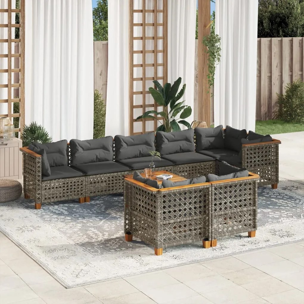9 pcs conjunto sofás p/ jardim com almofadões vime PE cinzento