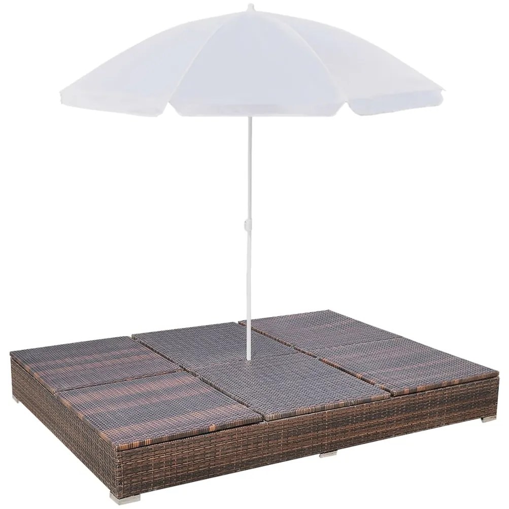Espreguiçadeira de exterior com guarda-sol vime PE castanho