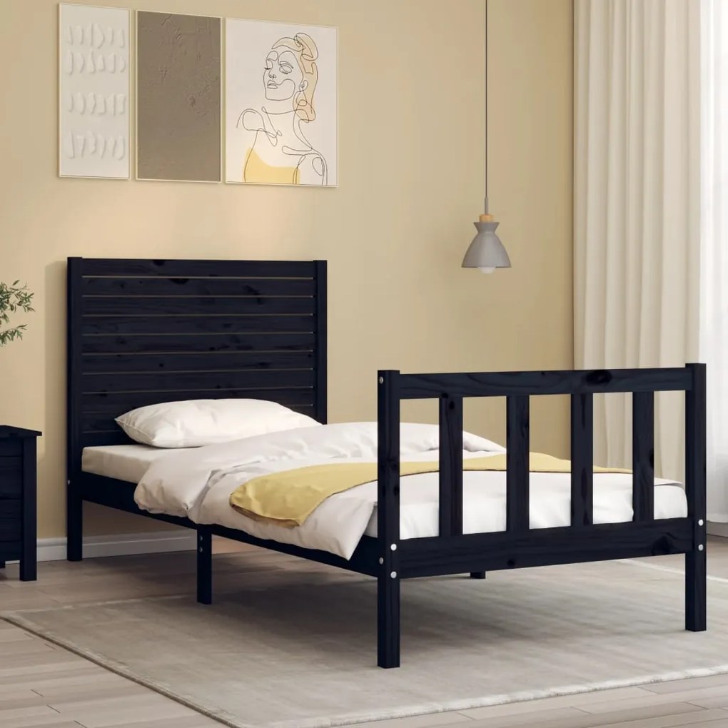 Estrutura de cama com cabeceira 90x200 cm madeira maciça preto