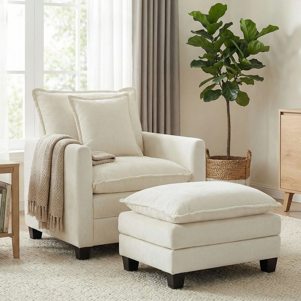 Poltrona de sala com apoio para os pés, sofá de 1 lugar em chenille, assento largo, estofamento de dupla camada, 85x128x86 cm, creme