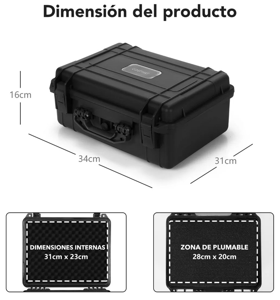 Estojo rígido portátil à prova d'água para exteriores com inserção de espuma personalizável para eletrónica e câmeras 34 x 31 x 16 cm preta