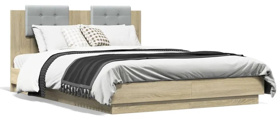 vidaXL Estrutura cama c/ cabeceira/luzes LED 140x200cm carvalho sonoma