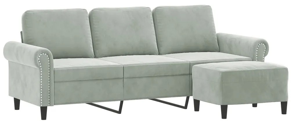 Sofá de 3 lugares com apoio de pés 180 cm veludo cinzento-claro