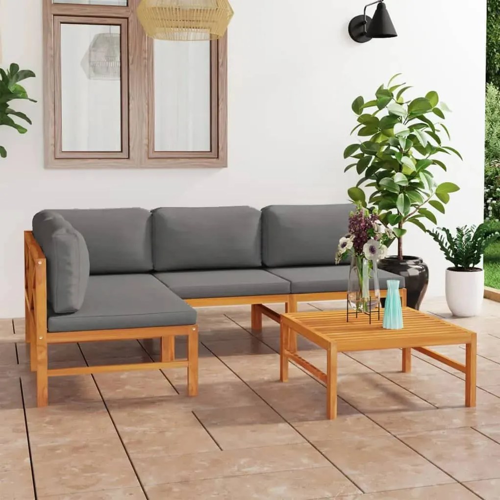 vidaXL 5 pcs conj. lounge jardim c/ almofadões cinzentos teca maciça