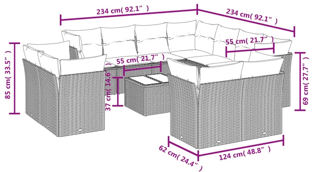 12 pcs conjunto de sofás jardim com almofadões vime PE castanho