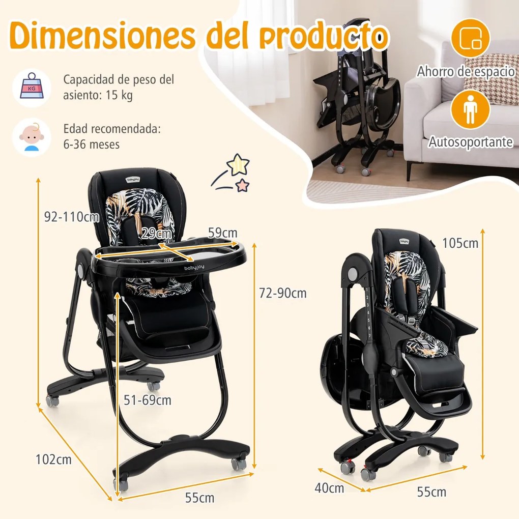 Cadeira alta dobrável refeição para bebés com rodas giratórias, 7 alturas ajustáveis, apoio para os pés, encosto, apoio para os pés e encosto em preto