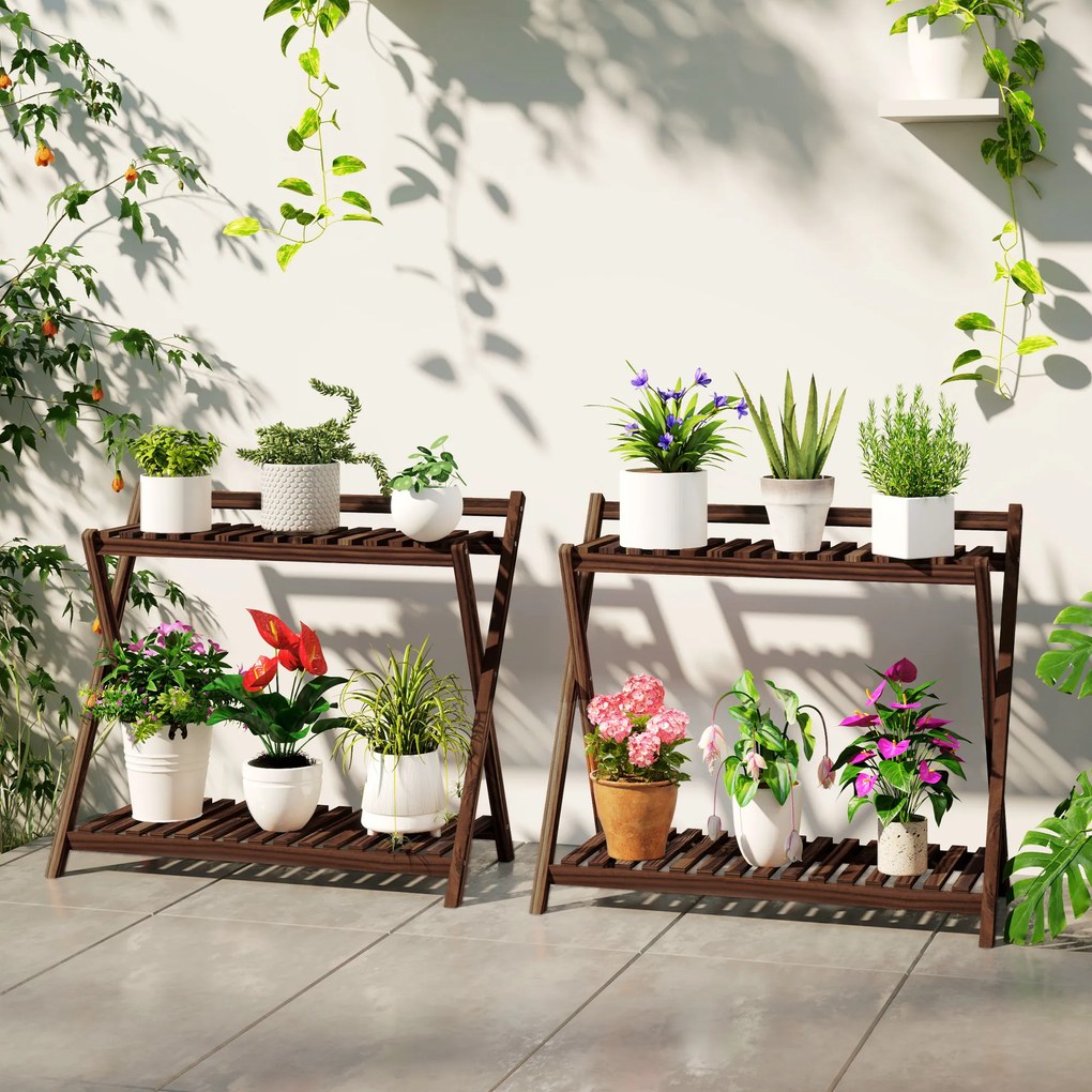 Conjunto de 2 suportes para plantas de interior com 2 níveis 73 x 36 x 64 cm, , prateleiras para plantas e suporte traseiro, castanhos