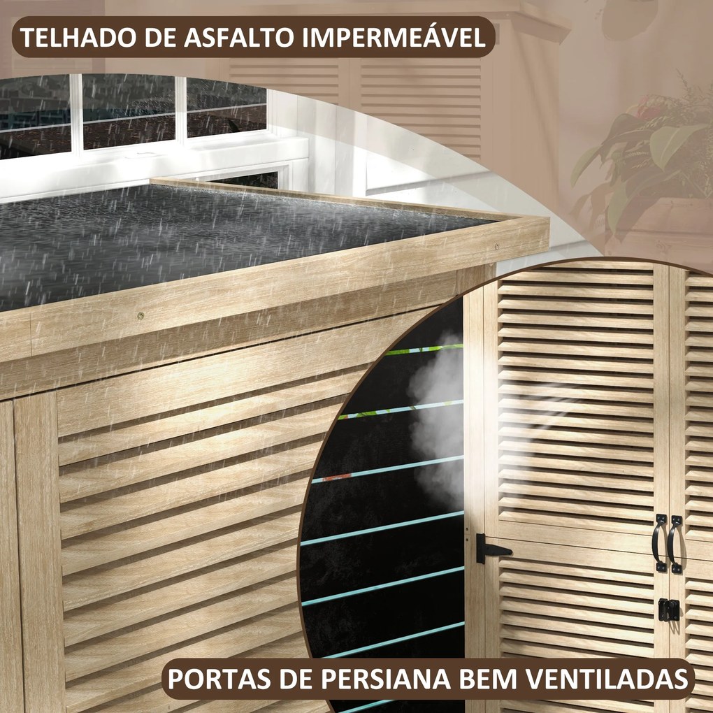 Armário de Jardim de Madeira 0,83 m² 127x65x168 cm com 2 Portas de Persiana 2 Prateleiras 2 Alças e Telhado Impermeável Natural
