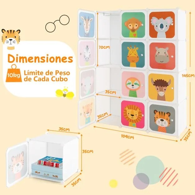 Armário portátil para crianças com 12 cubos e 2 secções 109 x 37 x 145 cm para brinquedos Branco