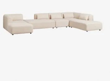 Sofá Modular Chaise Longue Esquerdo De 5 Peças Com Duplo Divã Fogler Tecido Pele De Borrego Bege Creme - Sklum