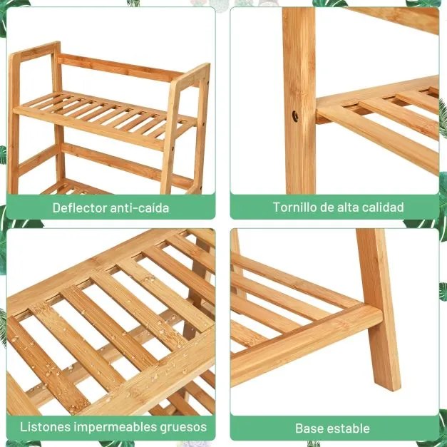 Estante forma de Escada Multiusos de Bambu com 4 Níveis Decoração de Sala Cozinha Casa de Banho 48 x 32 x 115 cm Natural