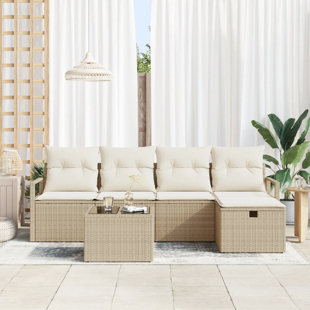 Conjunto Sofá de Jardim de 6 Peças com Almofadas Bege Rattan Poliéster